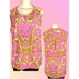 Cathy Daniels Pink Gold Baroque Scroll Sleeveless Half Zip Neckline Blouse Large